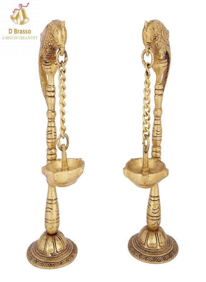 D Brasso Brass Pair of Hanging Diyas | Parrot Inspired Design Oil Lamps | Antique Finish Traditional Pooja Décor | Set of 2 - Image 2
